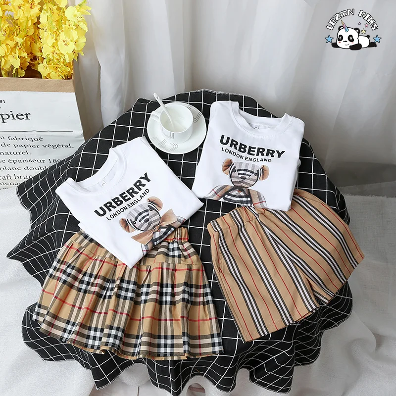 LEZONKIDS - 2023 Summer Scottish style printed T shirt and plaid skirt girls boutique clothes sets